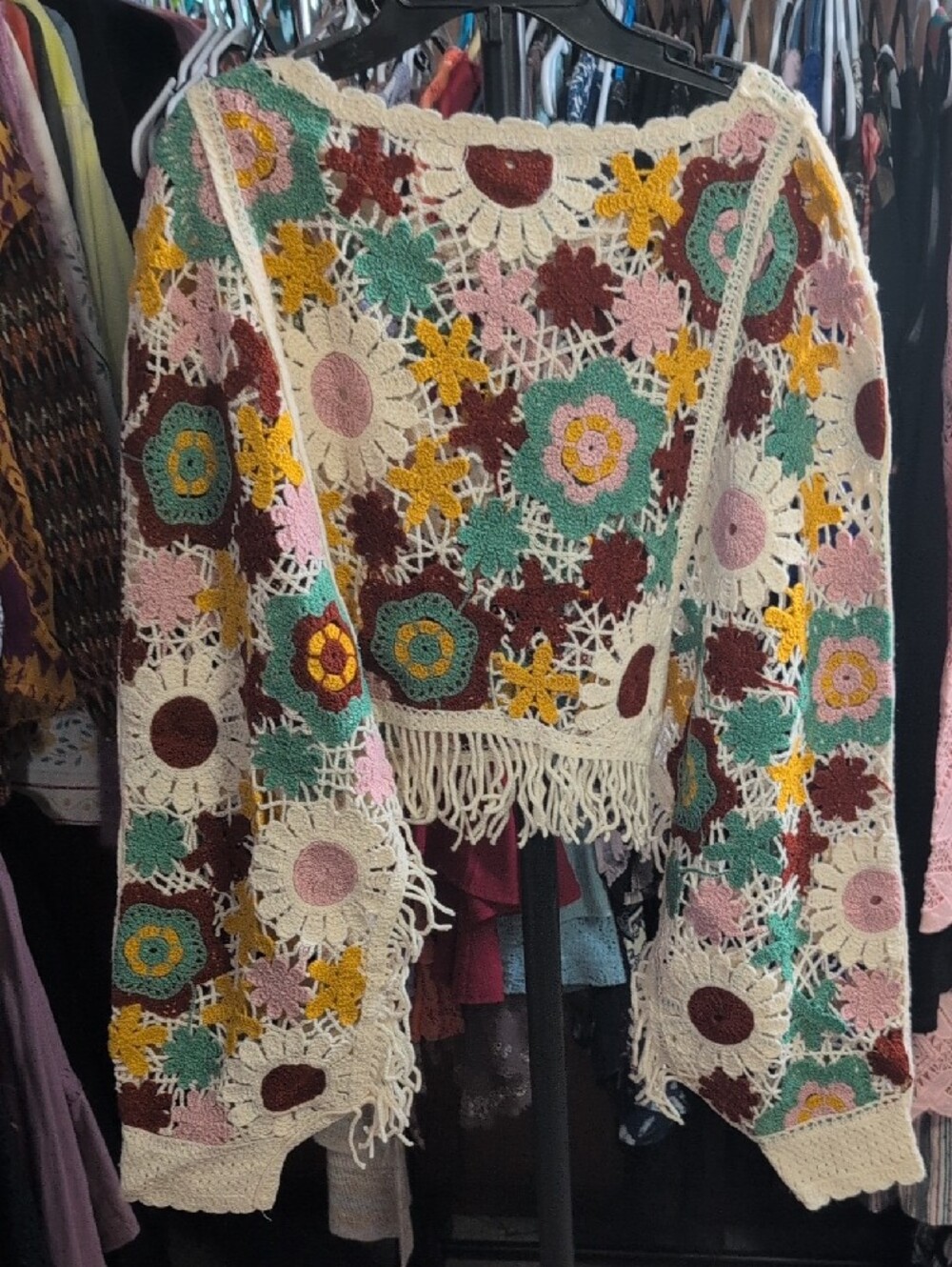 House Of Harlow 1960 Crochet Floral Fringe Sweater - Cream, Pink & Mustard - Picture 4 of 4